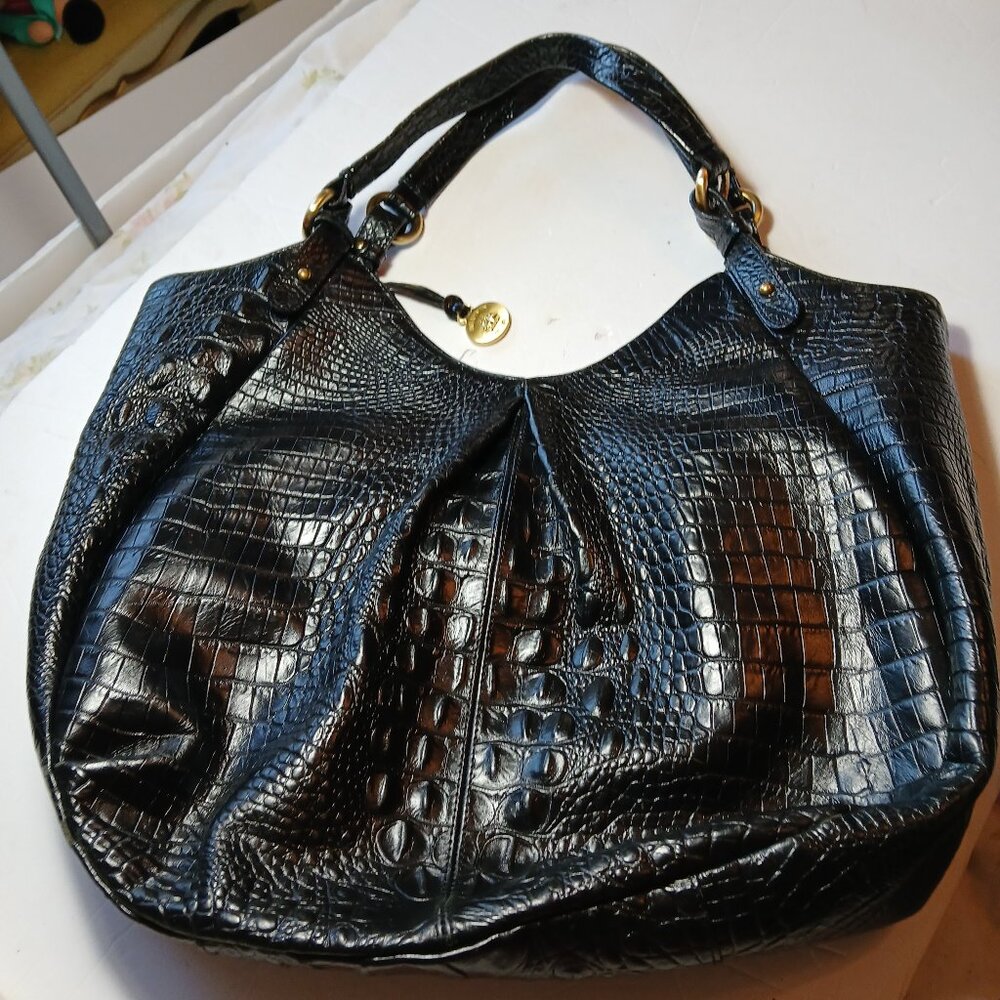 BRAHMIN Elegant Black Crocodile-Embossed Women's Bag Large 17x12in